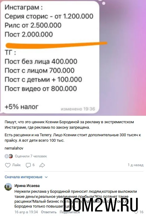 Расценки Ксении Бородиной